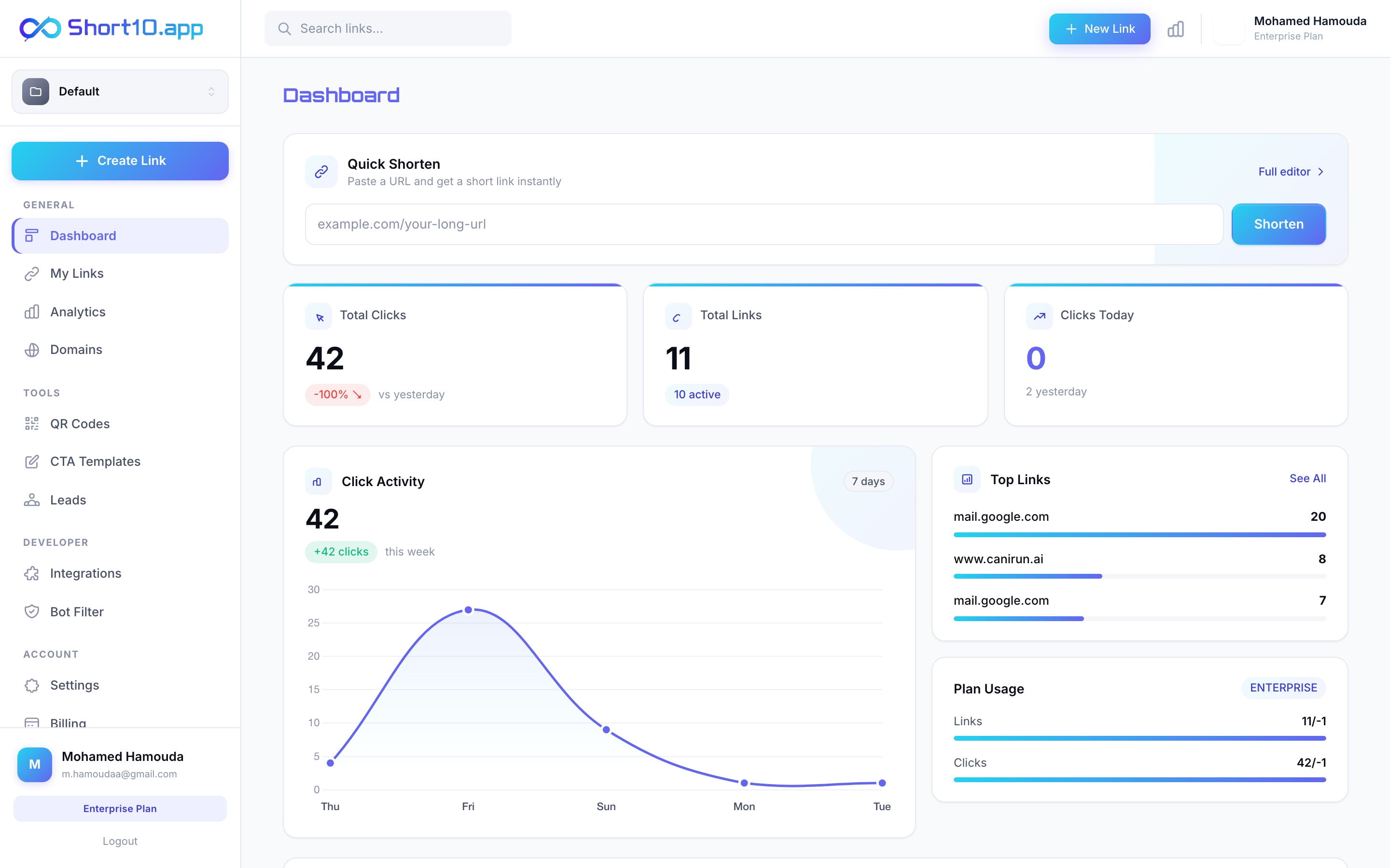 Dashboard with Create Link button in sidebar