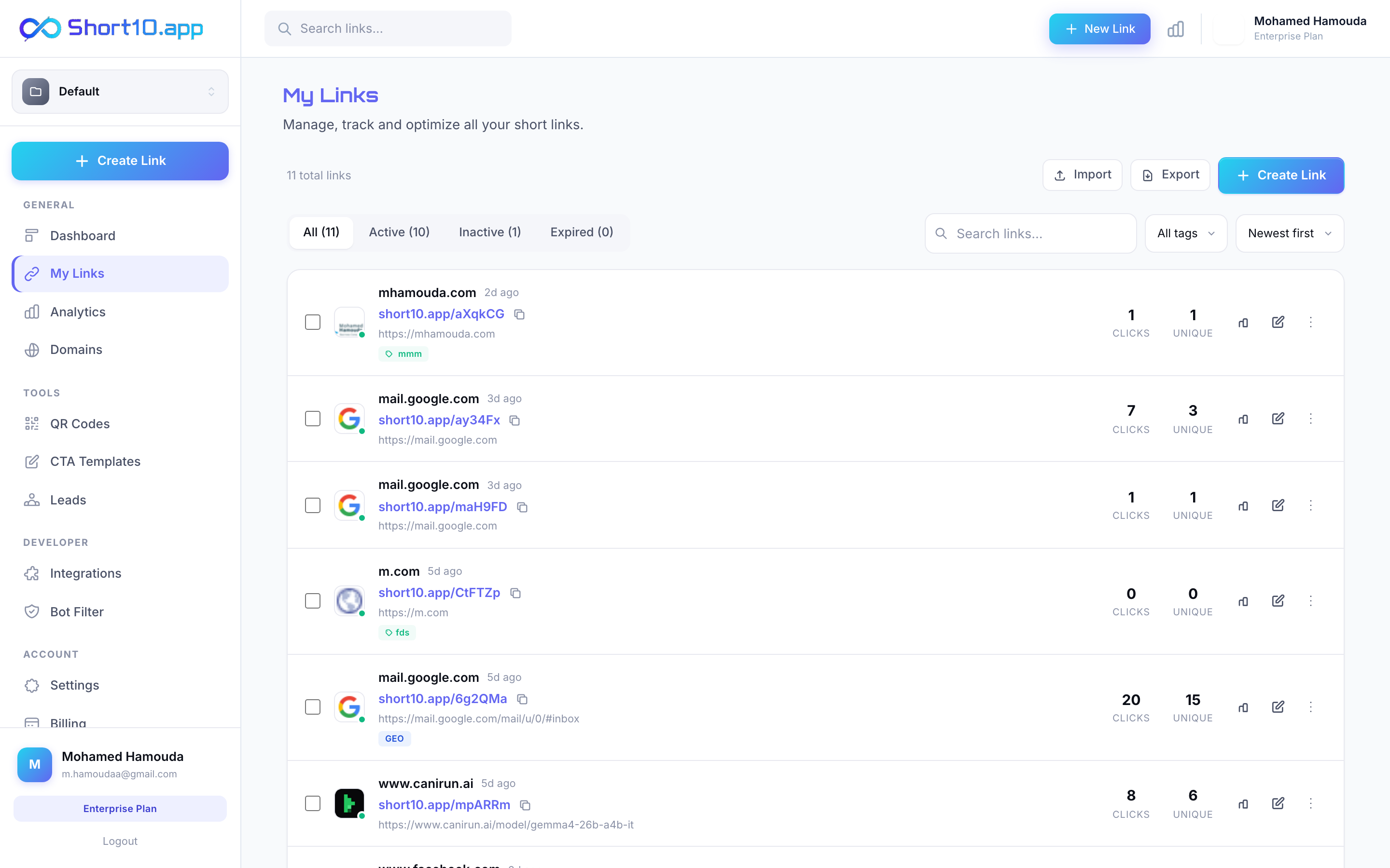Links list showing created links