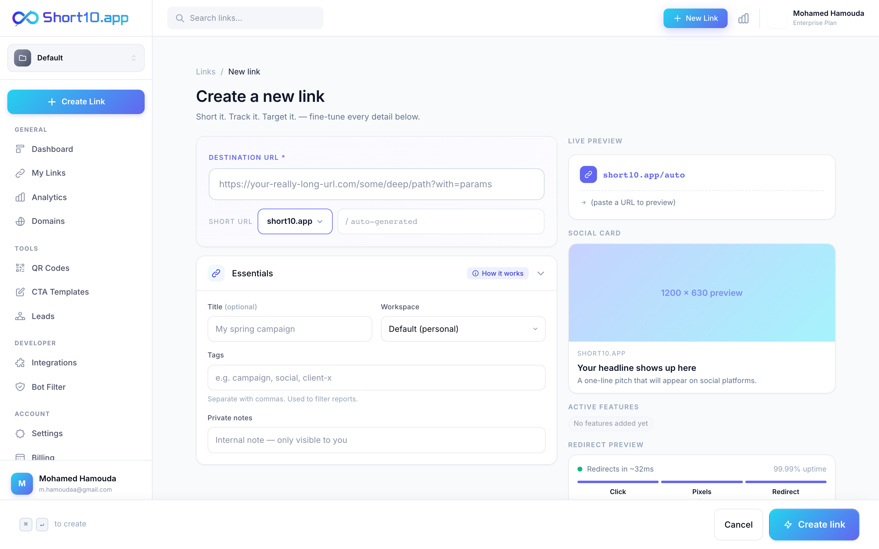 Create Link form with destination URL field